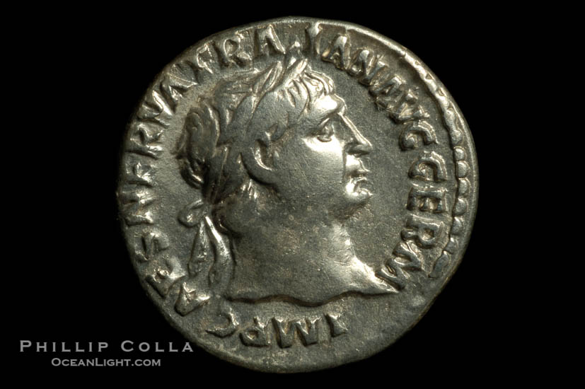 Roman emperor Trajan (98-117 A.D.), depicted on ancient Roman coin (silver, denom/type: Denarius)., natural history stock photograph, photo id 06548