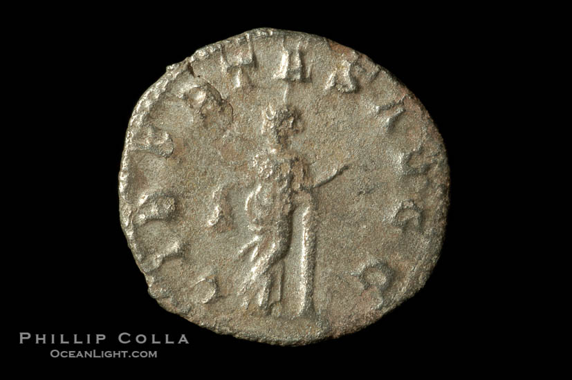Roman emperor Trebonianus Gallus (251-254 A.D.), depicted on ancient Roman coin (silver, denom/type: Antoninianus) (Antoninianus 2.7g., 21mm, RIC 39. Obverse: IMP CAE C VIB TREB GALLUS AVG. Reverse: LIBERTAS AVGG)., natural history stock photograph, photo id 06609