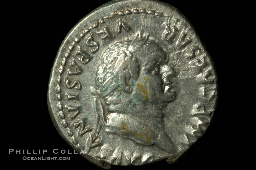 Roman emperor Vespasian (69-79 A.D.), depicted on ancient Roman coin (silver, denom/type: Denarius) (Denarius, 3.43 g, RIC 90, RSC 366, S 780.)., natural history stock photograph, photo id 06540