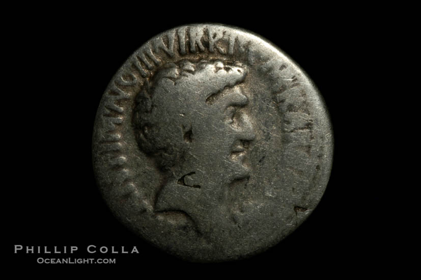 Roman emperors Marc Antony and Octavian (41 B.C.), depicted on ancient Roman coin (silver, denom/type: Denarius)., natural history stock photograph, photo id 06519