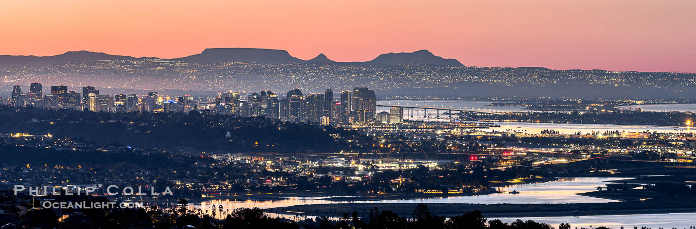 San Diego and Tijuana City Skyline at sunrise, panoramic photo, viewed from Mount Soledad., natural history stock photograph, photo id 37666