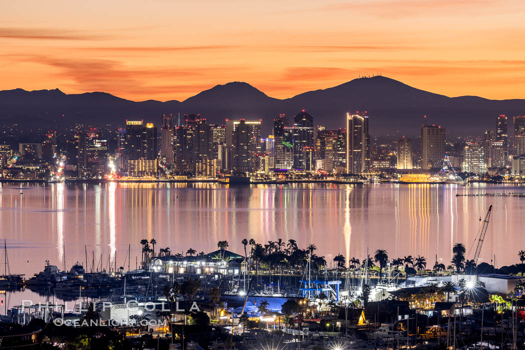 San Diego Bay and City Skyline at Sunrise, Mount San Miguel, viewed from Point Loma. California, USA, natural history stock photograph, photo id 37617