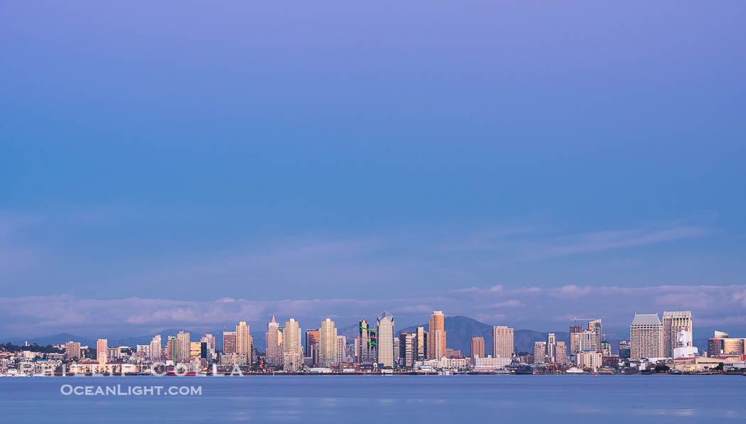 San Diego Bay and Skyline at sunset, viewed from Point Loma, panoramic photograph., natural history stock photograph, photo id 30212