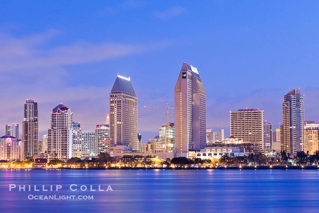 San Diego bay and skyline at sunrise, viewed from Coronado Island., natural history stock photograph, photo id 27179