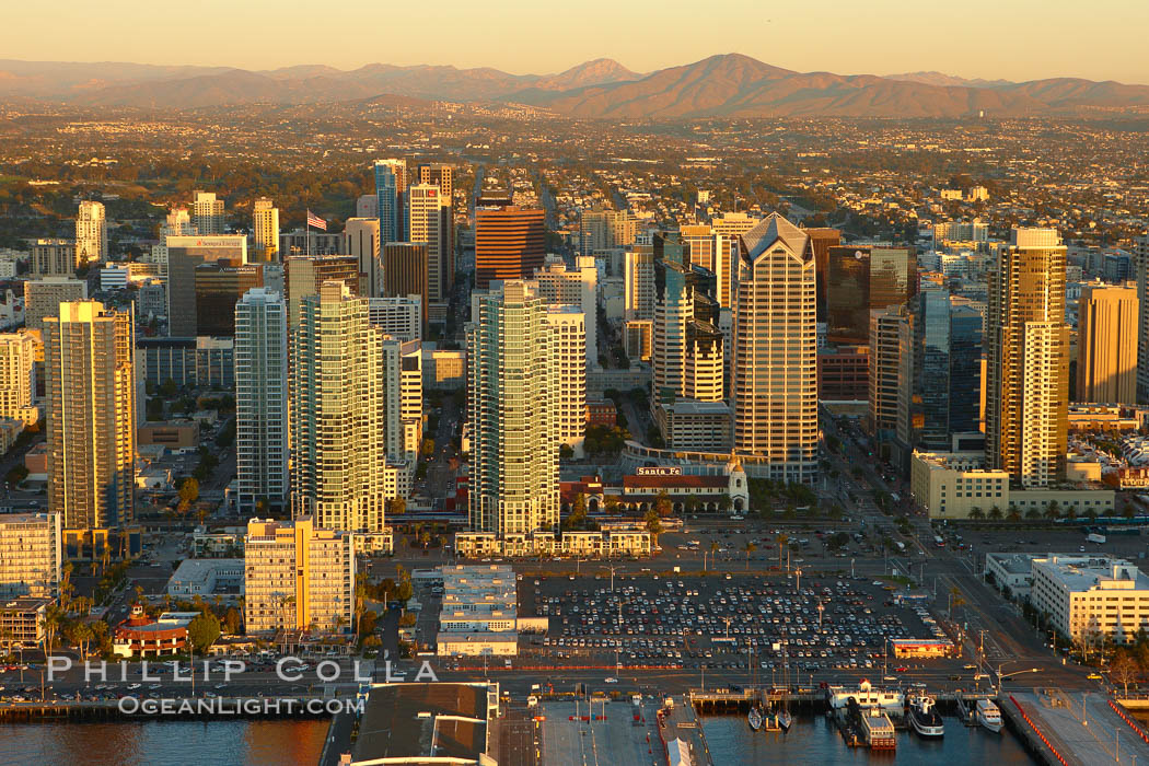 San Diego Skyline at sunset, North Harbor Drive running along the waterfront, high rise office buildings, with cruise ship terminal (right). California, USA, natural history stock photograph, photo id 22354