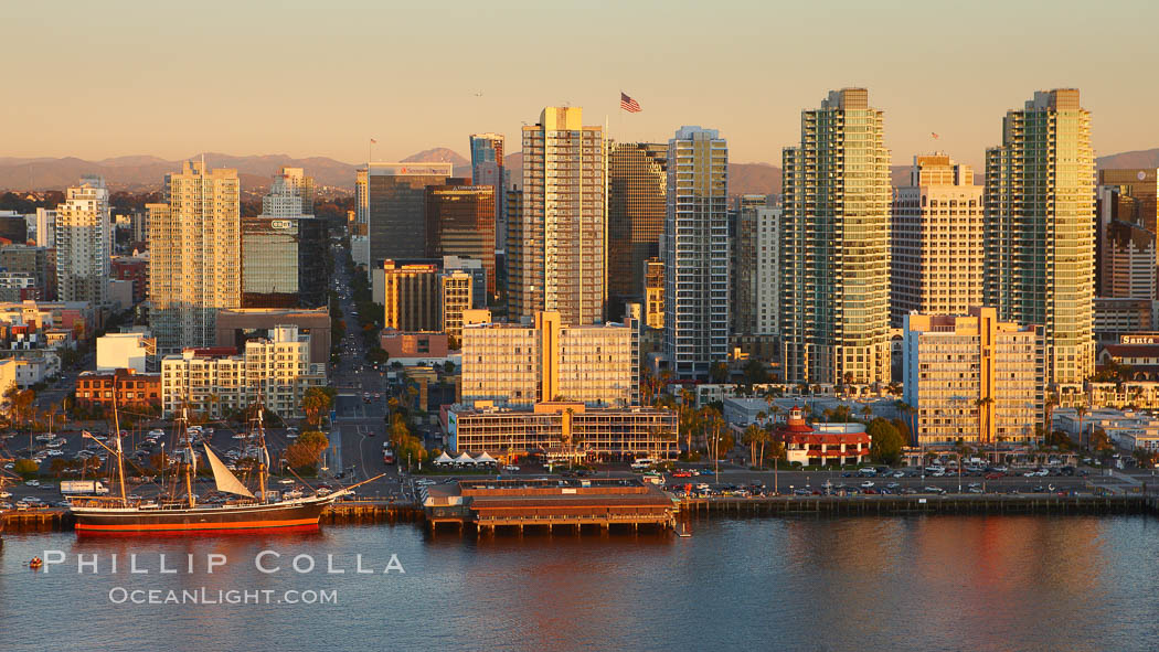 San Diego waterfront and skyline, Star of India (lower left), high rise modern office buildings, San Diego Bay, sunset. California, USA, natural history stock photograph, photo id 22388