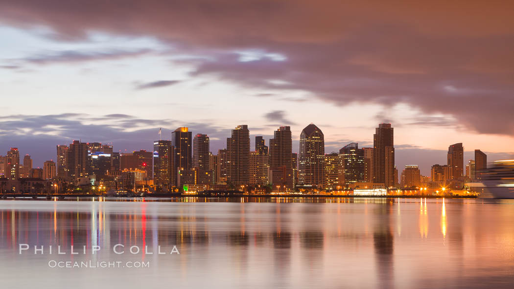 San Diego city skyline at dawn, from Harbor Island. California, USA, natural history stock photograph, photo id 26339