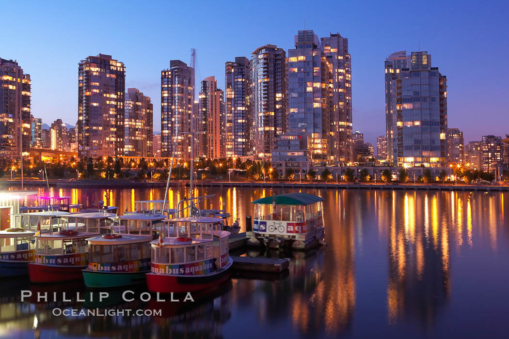 Yaletown section of Vancouver at night, viewed from Granville Island. British Columbia, Canada, natural history stock photograph, photo id 21164