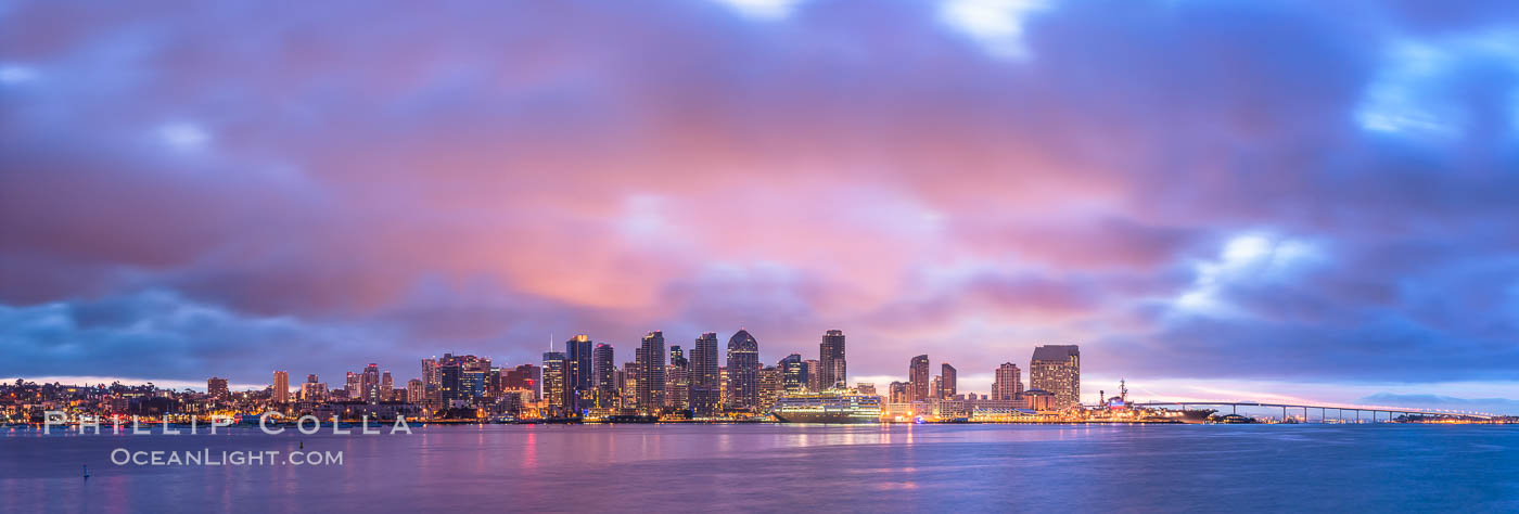 San Diego City Skyline viewed from Harbor Island, storm clouds at sunrise. California, USA, natural history stock photograph, photo id 28844