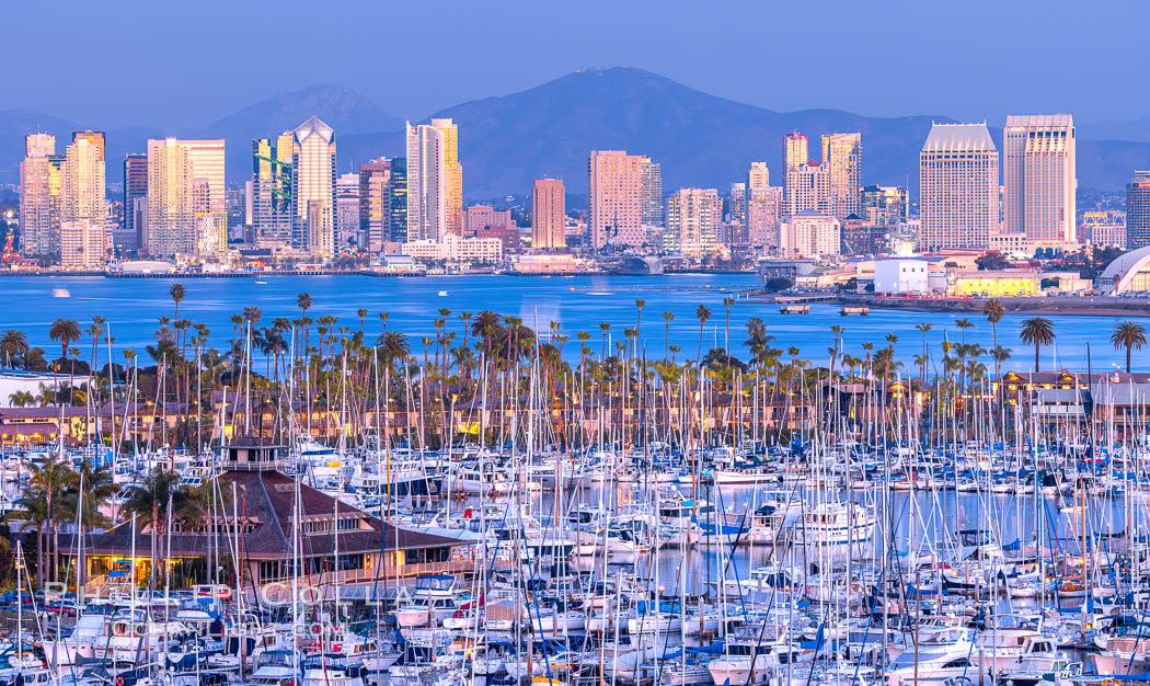 San Diego City Skyline at Sunset, viewed from Point Loma, Shelter Island Yacht Club in the foreground, San Diego Bay, Mount San Miguel (right) and Lyons Peak (left) in distance. California, USA, natural history stock photograph, photo id 36749