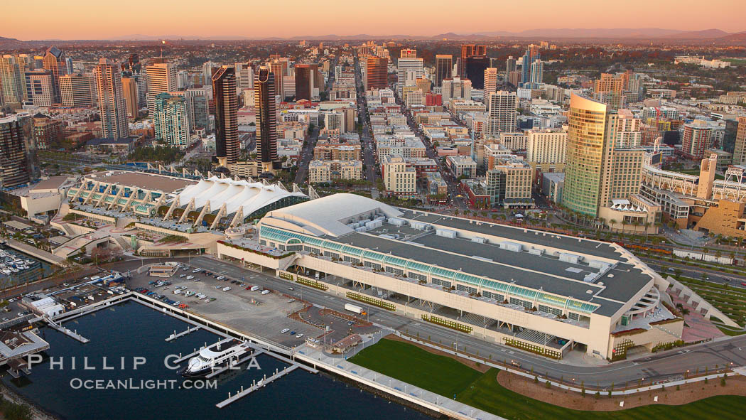 San Diego Convention Center, located in the Marina District of downtown San Diego. Built in 1989, the San Diego Convention Center offers 525,700 square feet of exhibit space. It is noted for its distinctive "sails" made of Teflon-coated fiberglass suspended over the central exhibition hall, aptly named Sails Pavilion