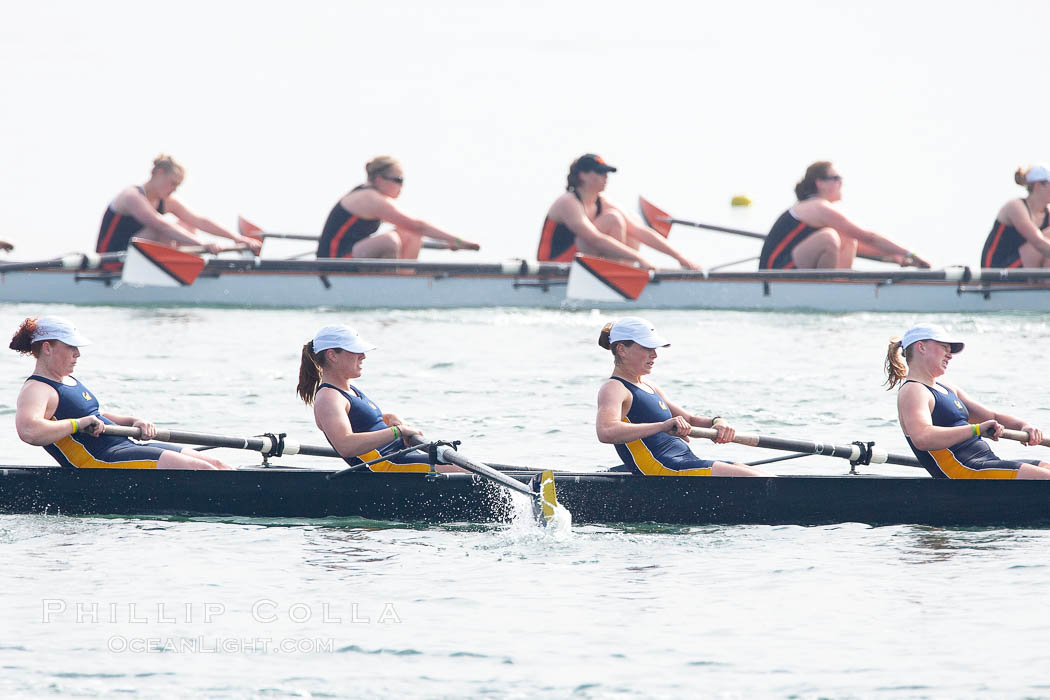 Cal (UC Berkeley) women's collegiate novice crew race in the finals of the Korholz Perpetual Trophy, 2007 San Diego Crew Classic. Mission Bay, California, USA, natural history stock photograph, photo id 18658
