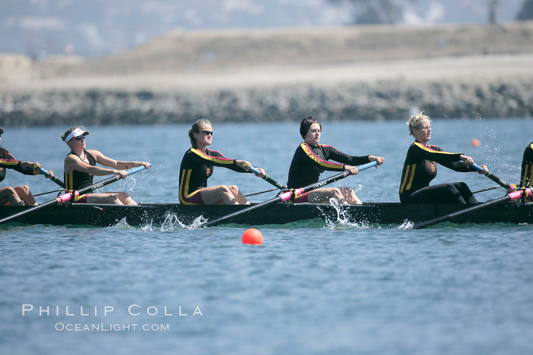 USC women warm up at the starting line.  They would win the finals of the Jessop-Whittier Cup, 2007 San Diego Crew Classic. Mission Bay, California, USA, natural history stock photograph, photo id 18694
