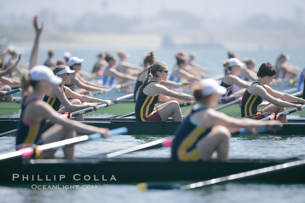 Awaiting the start of the finals of Jessop-Whittier Cup, USC (in focus) women would win, 2007 San Diego Crew Classic. Mission Bay, California, USA, natural history stock photograph, photo id 18696