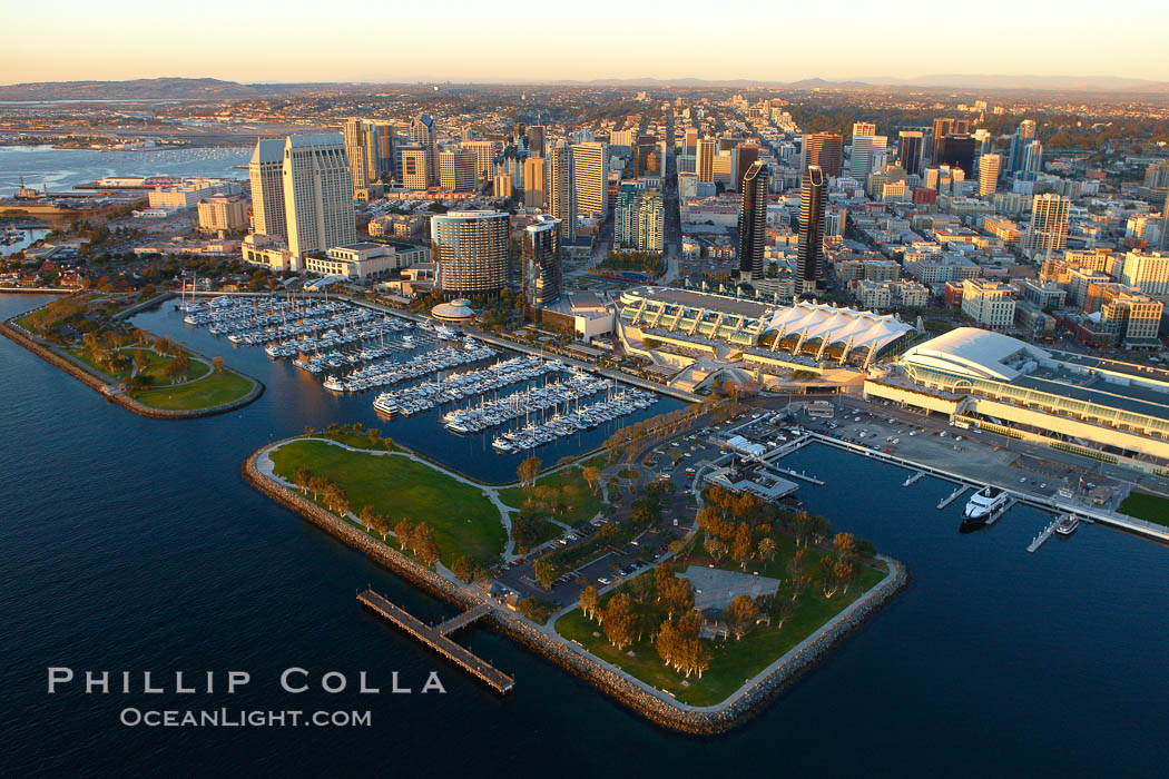 San Diego Embarcadero Marina Park, with yacht basin, San Diego Convention Center (right), Marriott (center) and Grand Hyatt (left) hotels. California, USA, natural history stock photograph, photo id 22330