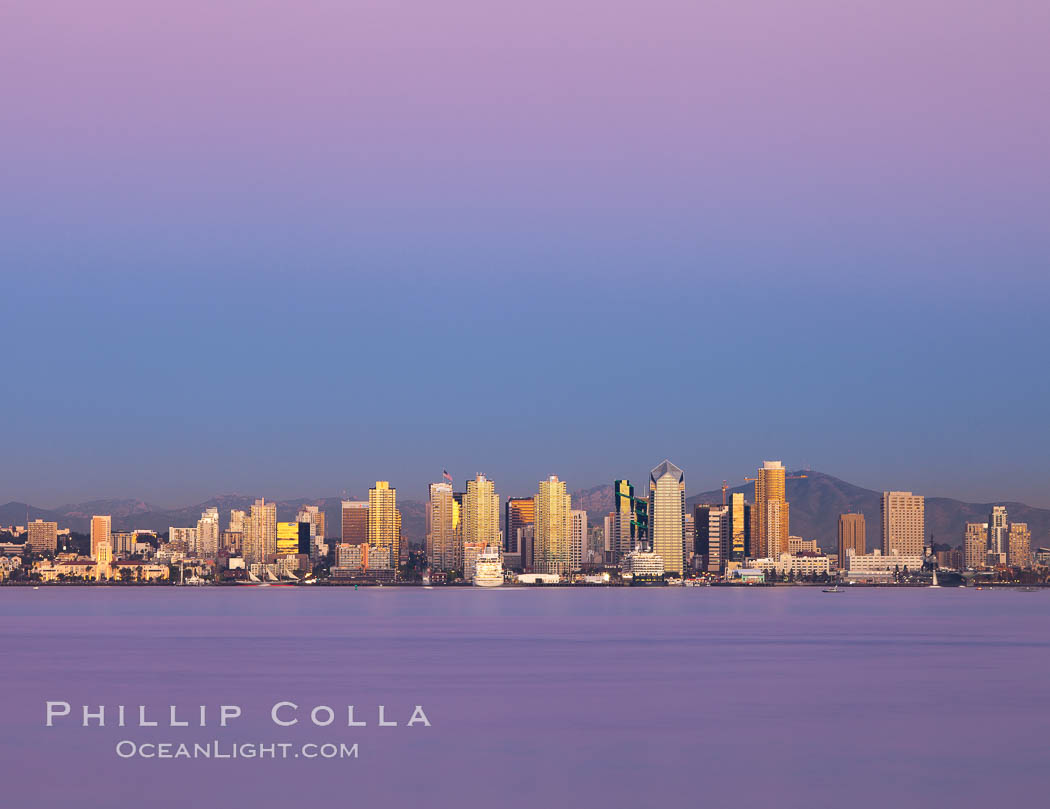 San Diego downtown city skyline and waterfront, sunset reflections and San Diego Bay. Earth-shadow (Belt of Venus) visible in the atmosphere. California, USA, natural history stock photograph, photo id 27102