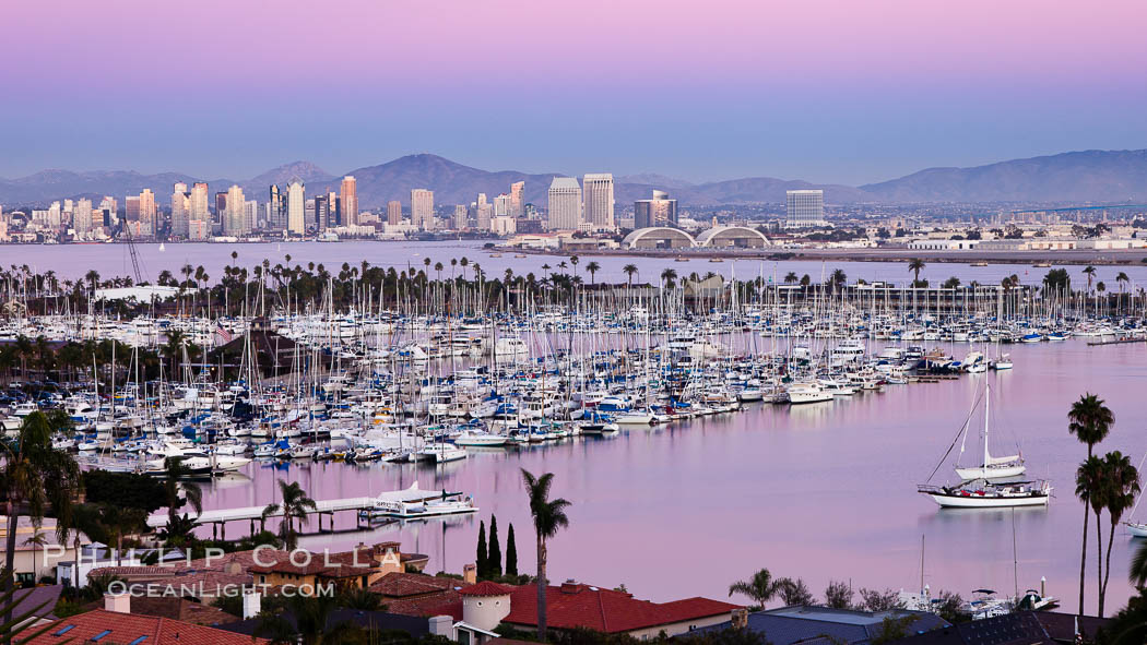 San Diego harbor and skyline, viewed at sunset