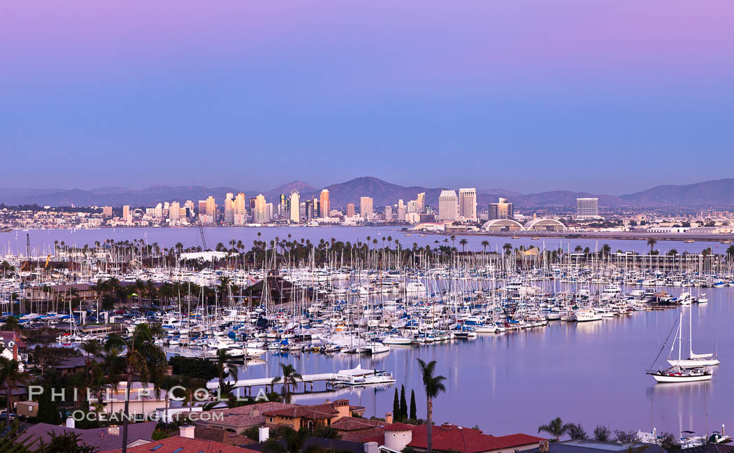 San Diego harbor and skyline, viewed at sunset. California, USA, natural history stock photograph, photo id 27147