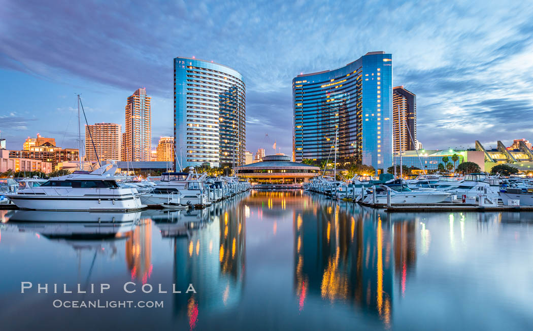 San Diego Marriott Hotel and Marina, and Manchester Grand Hyatt Hotel (left) viewed from the San Diego Embarcadero Marine Park, sunrise