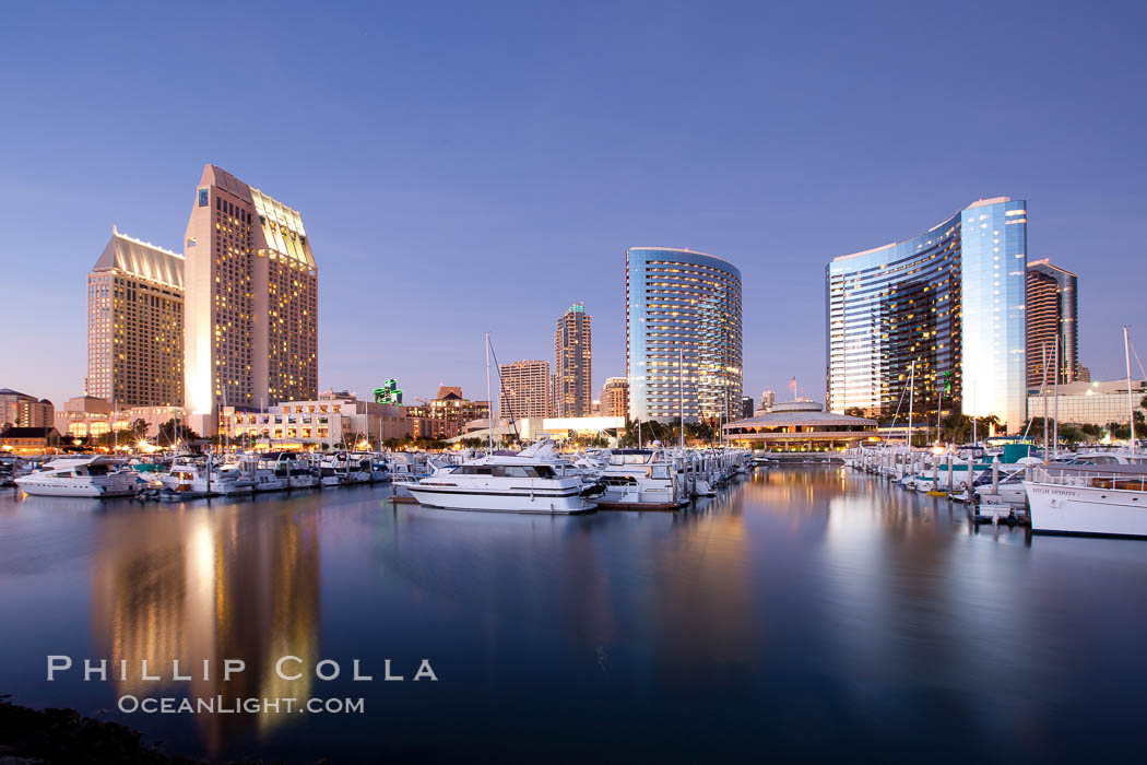 San Diego Marriott Hotel and Marina, and Manchester Grand Hyatt Hotel (left) viewed from the San Diego Embarcadero Marine Park. California, USA, natural history stock photograph, photo id 26570