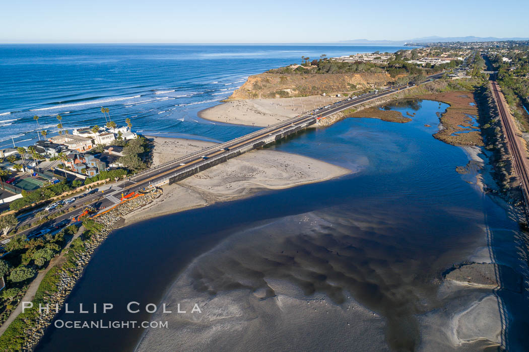 San Dieguito Lagoon and San Dieguito River empty into the Pacific Ocean at Dog Beach in Del Mar, aerial photo. California, USA, natural history stock photograph, photo id 38107