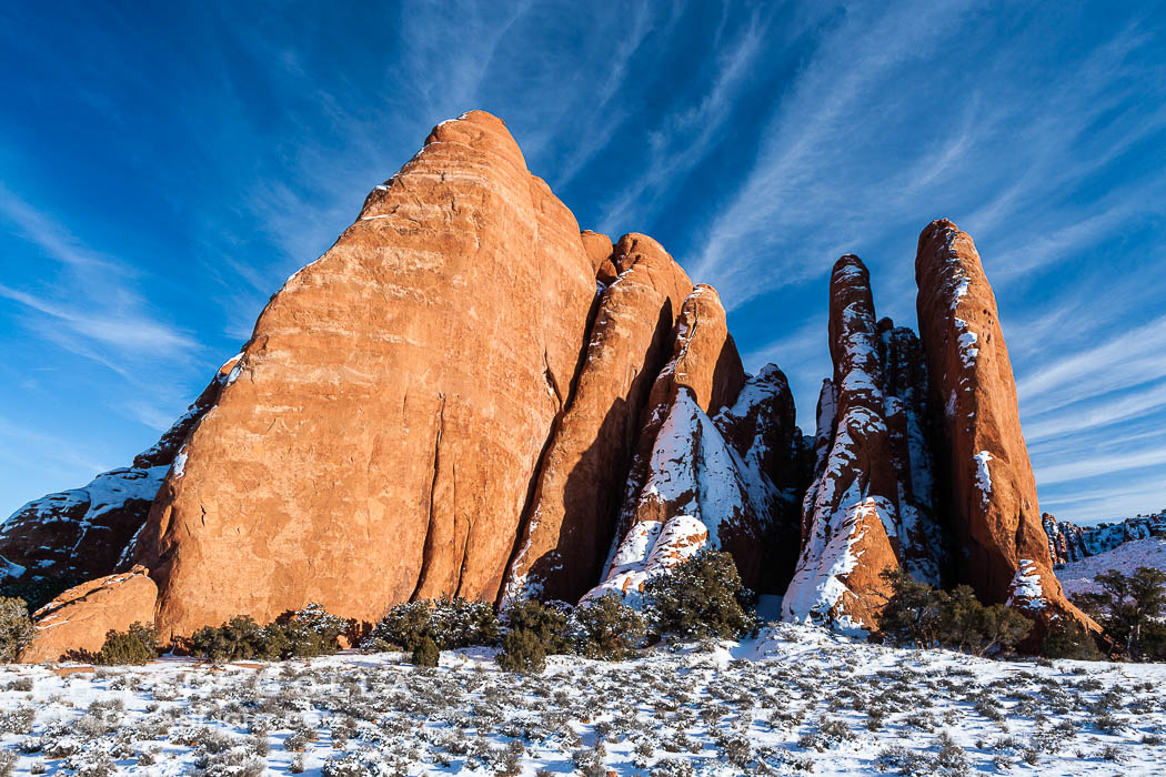 Fins.  The vertical slabs of Entrada sandstone may become natural sandstone arches., natural history stock photograph, photo id 18193
