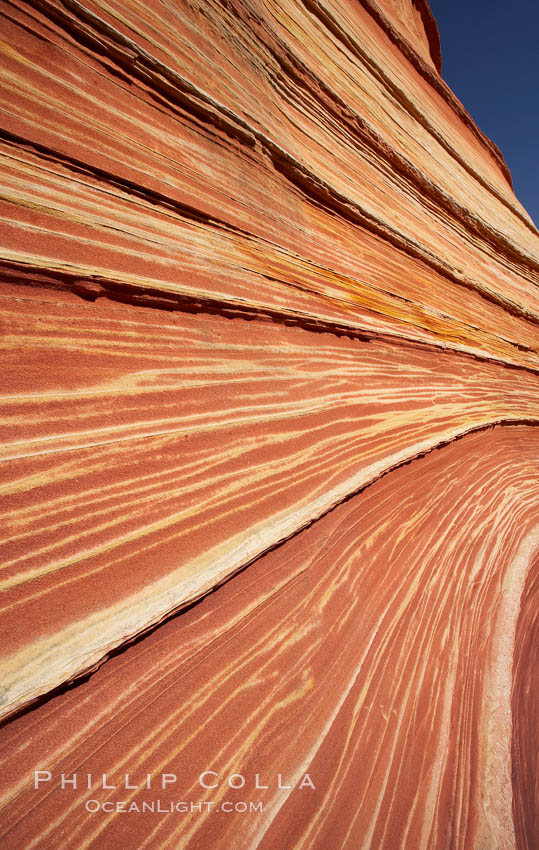 The Wave, an area of fantastic eroded sandstone featuring beautiful swirls, wild colors, countless striations, and bizarre shapes set amidst the dramatic surrounding North Coyote Buttes of Arizona and Utah.  The sandstone formations of the North Coyote Buttes, including the Wave, date from the Jurassic period. Managed by the Bureau of Land Management, the Wave is located in the Paria Canyon-Vermilion Cliffs Wilderness and is accessible on foot by permit only. USA, natural history stock photograph, photo id 20655