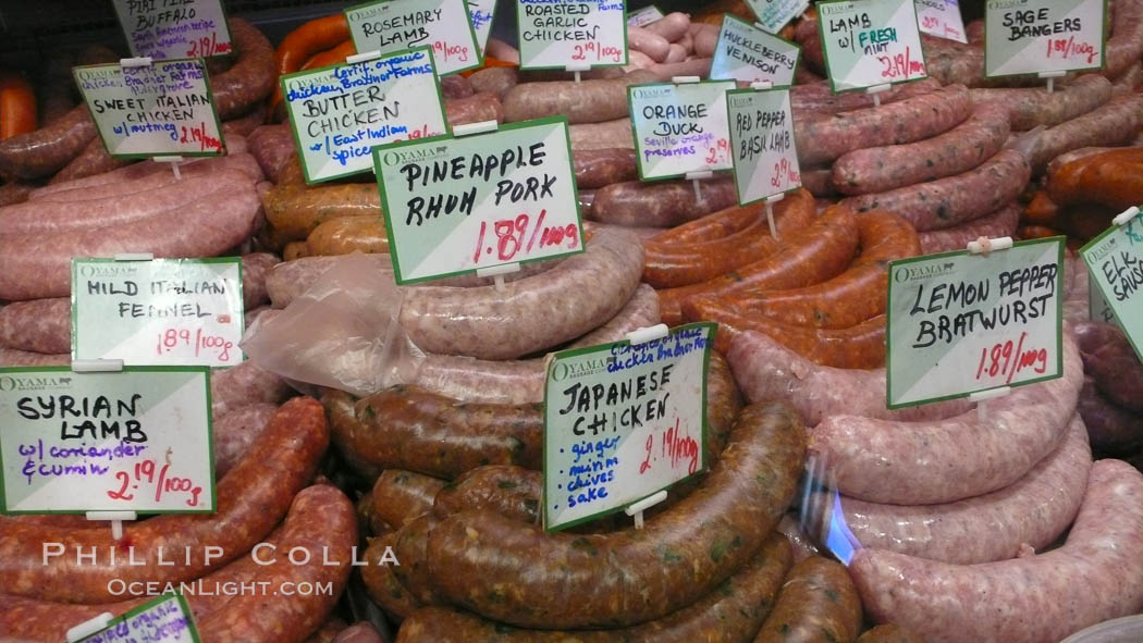 Sausages and bratwurst variety, Public Market, Granville Island, Vancouver