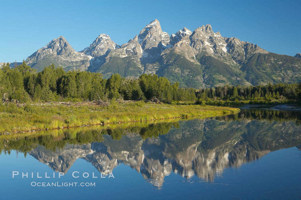 The Teton Range is reflected in the glassy waters of the Snake River at Schwabacher Landing. Grand Teton National Park, Wyoming, USA, natural history stock photograph, photo id 12982