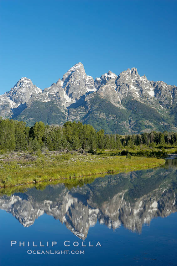 The Teton Range is reflected in the glassy waters of the Snake River at Schwabacher Landing. Grand Teton National Park, Wyoming, USA, natural history stock photograph, photo id 12983