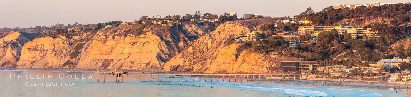 Scripps Pier and Blacks Beach, Sunset, Panorama. La Jolla, California, USA, natural history stock photograph, photo id 36675