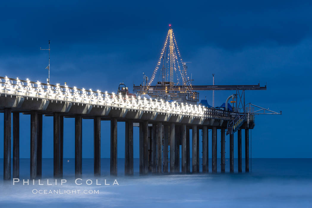 Scripps Institution of Oceanography Research Pier at dawn, with Christmas Lights and Christmas Tree. La Jolla, California, USA, natural history stock photograph, photo id 37553
