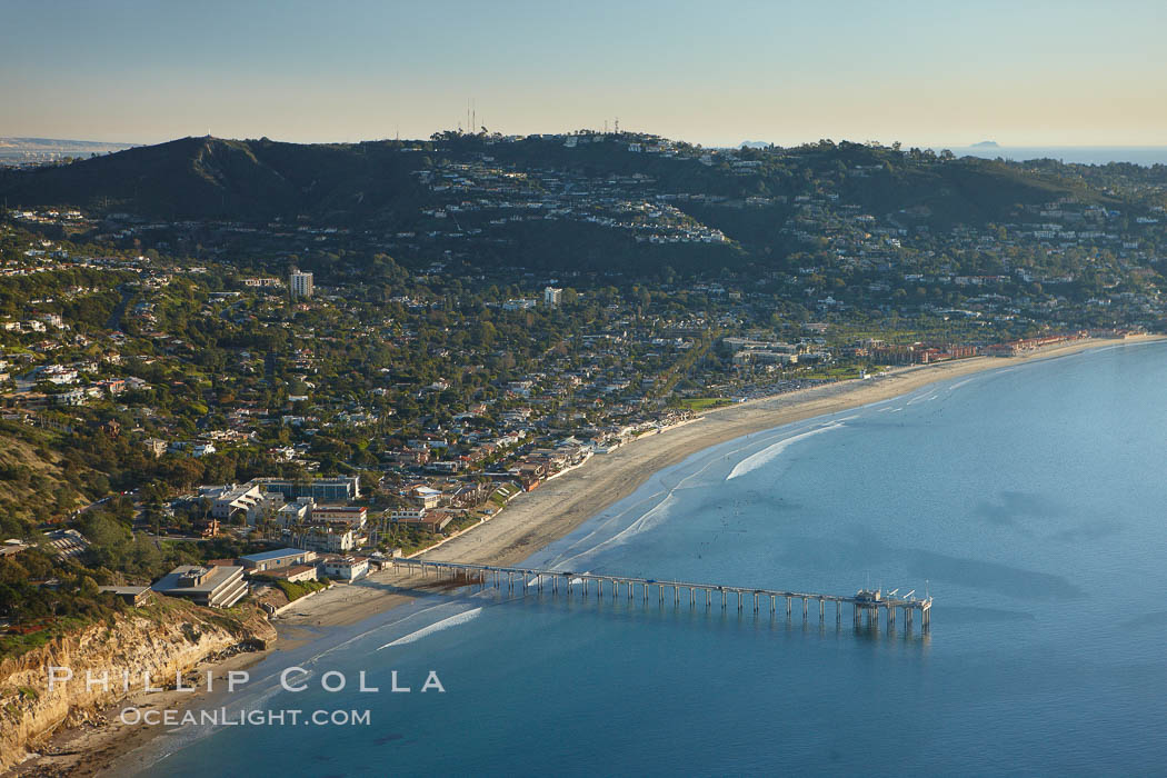 Scripps Pier, with Mount Soledad and La Jolla in the distance. California, USA, natural history stock photograph, photo id 22358