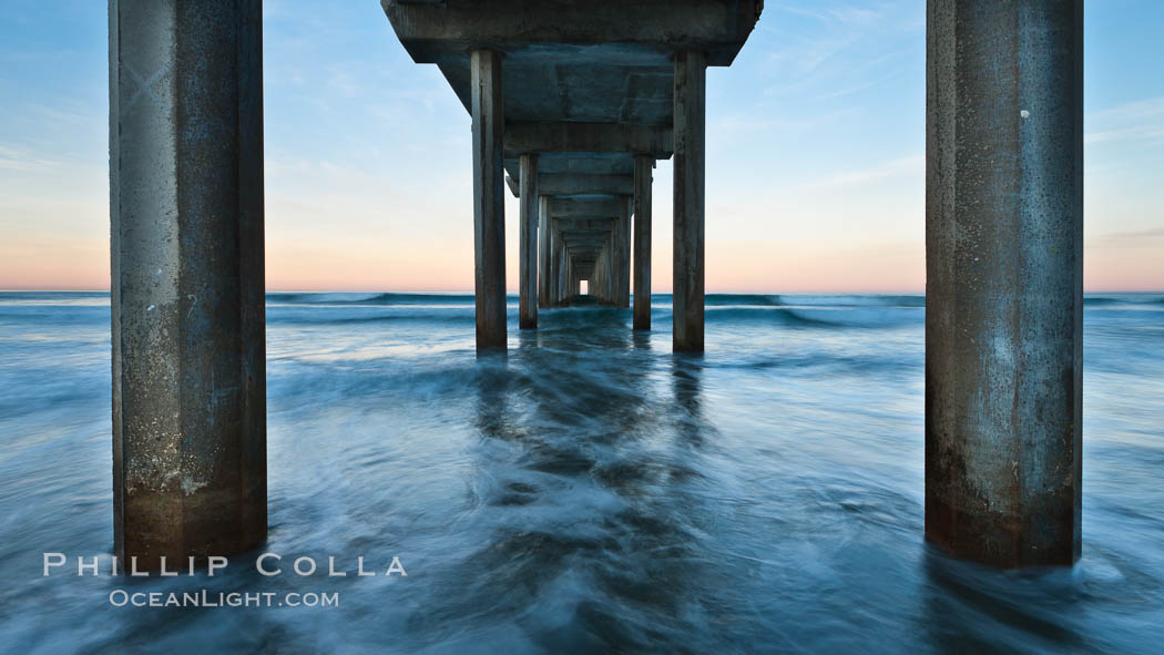 Scripps Pier, predawn abstract study of pier pilings and moving water, Scripps Institution of Oceanography, La Jolla, California