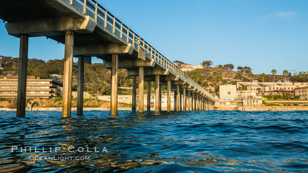 Scripps Pier, Surfer's view from among the waves. Research pier at Scripps Institution of Oceanography SIO, sunset. La Jolla, California, USA, natural history stock photograph, photo id 30155