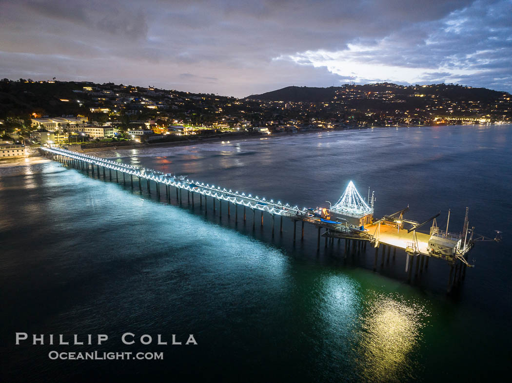 Scripps Pier with Holiday Christmas Lights Aerial Photo, seen here just before sunrise. La Jolla, California, USA, natural history stock photograph, photo id 39996