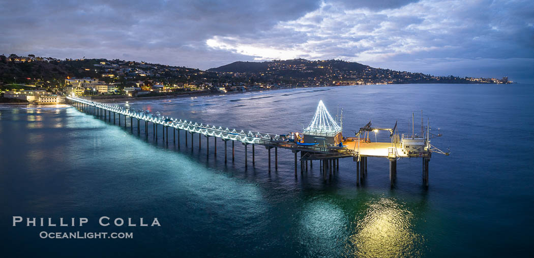 Scripps Pier with Holiday Christmas Lights Aerial Photo, seen here just before sunrise., natural history stock photograph, photo id 39997