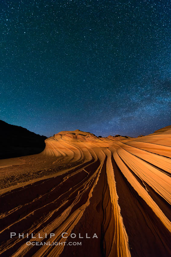 The Second Wave at Night.  The Second Wave, a spectacular sandstone formation in the North Coyote Buttes, lies under a sky full of stars. Paria Canyon-Vermilion Cliffs Wilderness, Arizona, USA, natural history stock photograph, photo id 28629