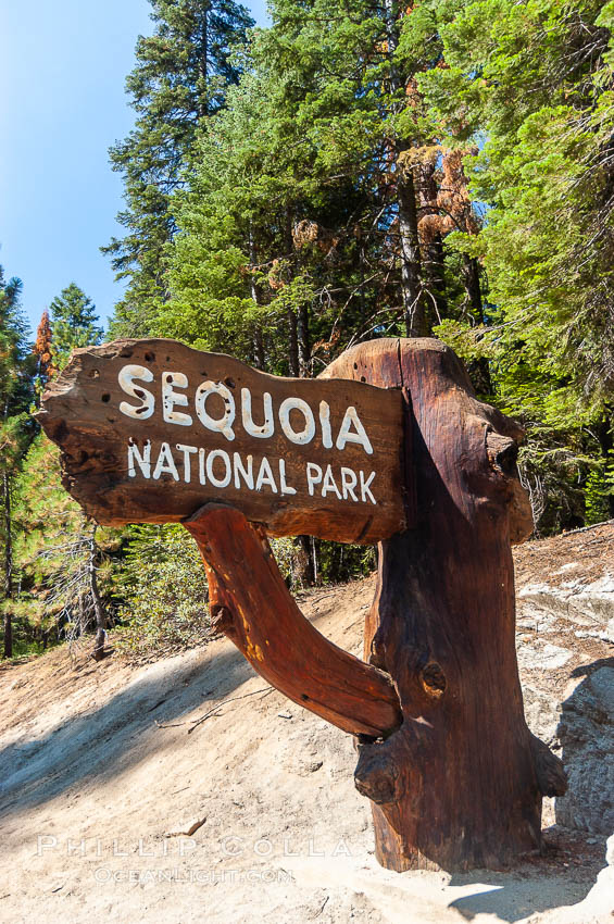Sequoia National Park entry sign. Sequoia Kings Canyon National Park, California, USA, natural history stock photograph, photo id 09904