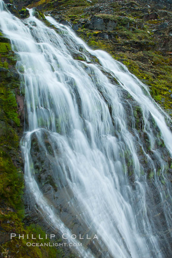 Shackleton Falls, named for explorer Sir Ernest Shackleton, formed from glacial meltwaters, near Stromness Bay. Stromness Harbour, South Georgia Island, natural history stock photograph, photo id 24638