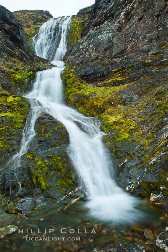 Shackleton Falls, named for explorer Sir Ernest Shackleton, formed from glacial meltwaters, near Stromness Bay, Stromness Harbour