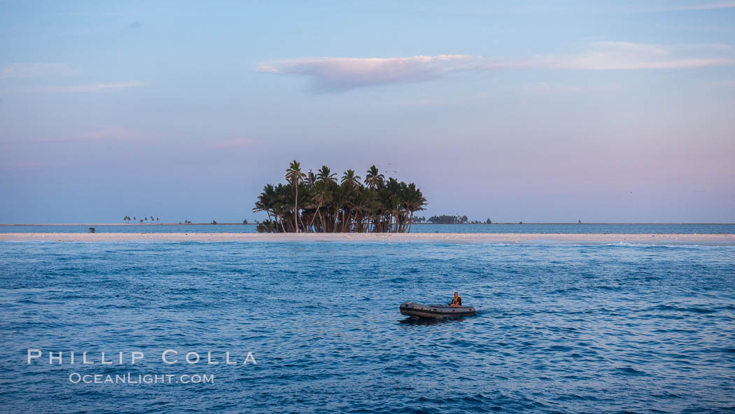 Skiff and Palm Trees, Sunrise, Clipperton Island