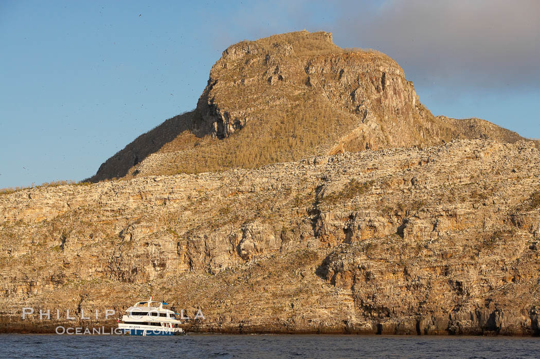 Wolf Island, with a liveaboard tour boat below sheer seacliffs, is the largest of the islands in the distant northern island group of the Galapagos archipelago, is home to hundreds of thousands of seabirds.  Vast schools of sharks and fish inhabit the waters surrounding Wolf Island