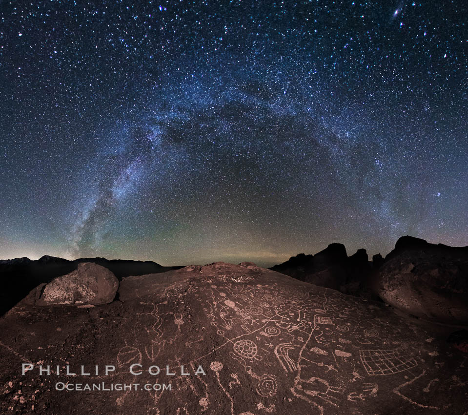 The Milky Way at Night over Sky Rock.  Sky Rock petroglyphs near Bishop, California. Hidden atop an enormous boulder in the Volcanic Tablelands lies Sky Rock, a set of petroglyphs that face the sky. These superb examples of native American petroglyph artwork are thought to be Paiute in origin, but little is known about them. USA, natural history stock photograph, photo id 28800