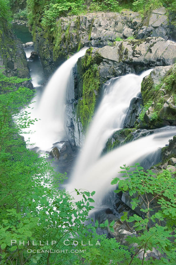 Sol Duc Falls. Sol Duc Falls is one of the largest and most beautiful waterfalls in Olympic National Park. Surrounding the falls is an old-growth forest of hemlocks and douglas firs, some of which are three hundred years in age. Sol Duc Springs, Washington, USA, natural history stock photograph, photo id 13750