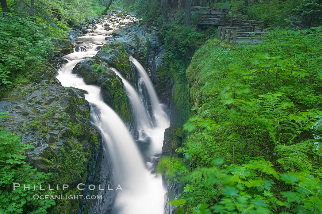 Sol Duc Falls.  Sol Duc Falls is one of the largest and most beautiful waterfalls in Olympic National Park, seen here from a bridge that crosses the canyon just below the falls. Surrounding the falls is an old-growth forest of hemlocks and douglas firs, some of which are three hundred years in age. Sol Duc Springs, Washington, USA, natural history stock photograph, photo id 13748