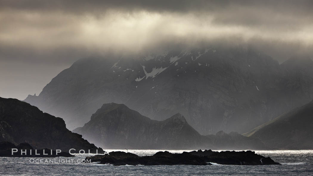 South Georgia Island coastline, showing the island's characteristic rugged topography.  56% of the island is covered by 161 glaciers, which have created numerous large bays and inlets that provide excellent habitat for marine animals and seabirds. Mountains meet the sea in steep-sided seacliffs covered with sparse vegetation.  The highest point on South Georgia Island is Mt. Paget at 2,915m., natural history stock photograph, photo id 24317