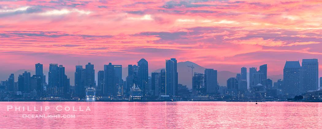 Spectacular Sunrise over San Diego Bay and Downtown San Diego. Mount San Miguel in the distance., natural history stock photograph, photo id 38908