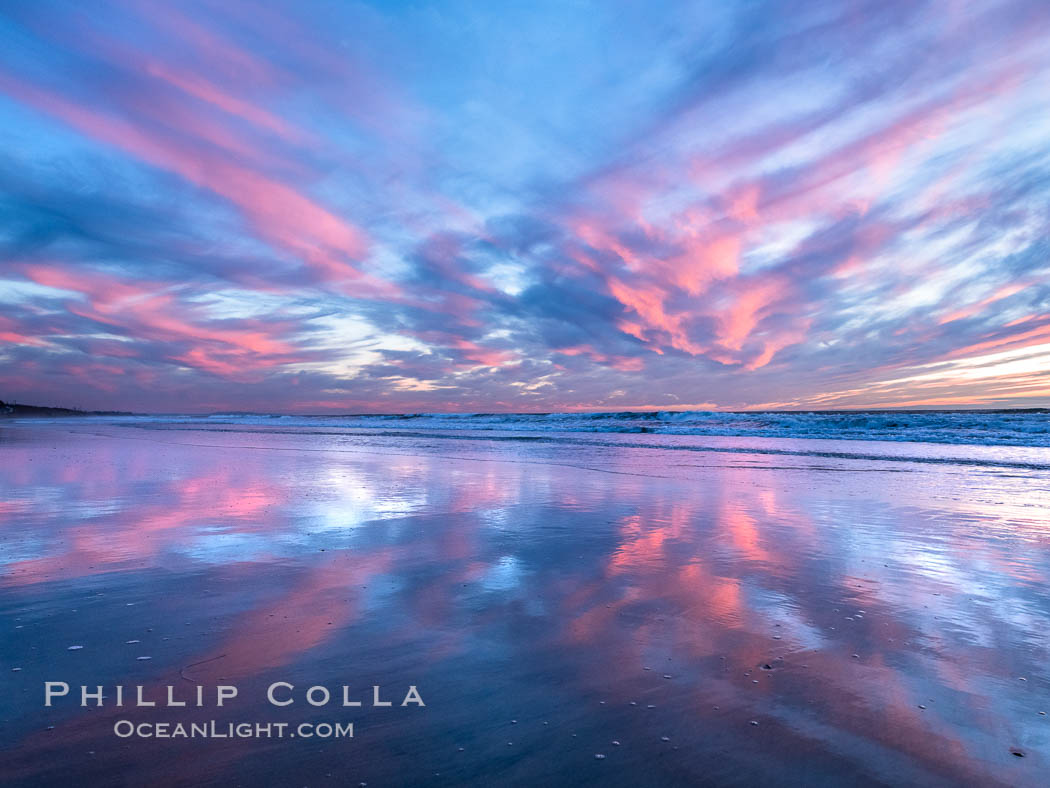 Spectacular Sunset, Terramar Beach, Carlsbad. Pink and Purple pastel hues are mirrored on the wet side as the tide retreats. California, USA, natural history stock photograph, photo id 36754