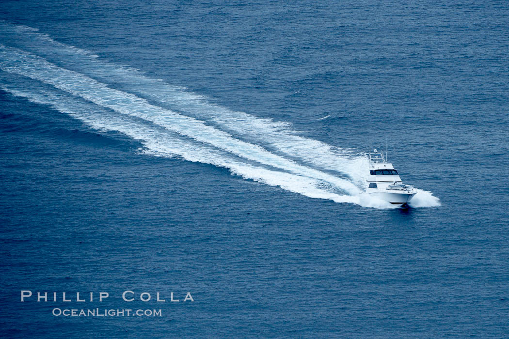 Sport fishing boat cruises across the ocean, leaving a long wake in its path., natural history stock photograph, photo id 21316